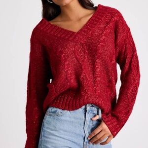 Lulus Ewan Red Sequin Cable Knit V-neck Sweater - Size L